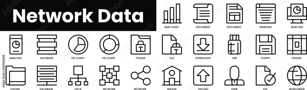 Poster set of outline network data icons. minimalist thin linear web icon set. vector illustration.