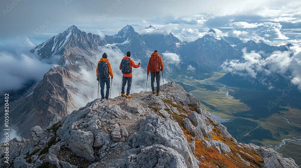 Poster three hikers stand atop a rocky summit in the dolomites, taking in sweeping views of the mountains a