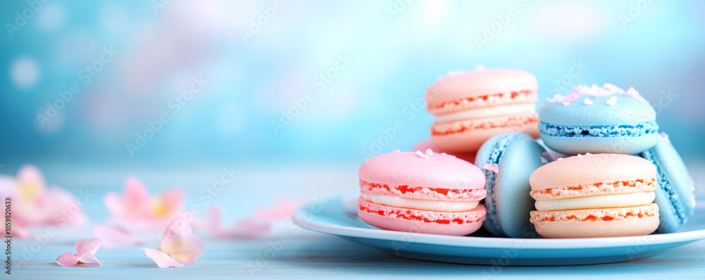 Poster a plate of colorful macarons is placed on a blue background. the macarons are arranged in a visually