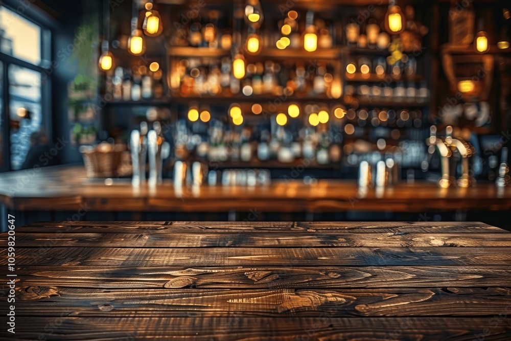 Poster dark wooden table with retro filter effect in blurred bar background for product display and design