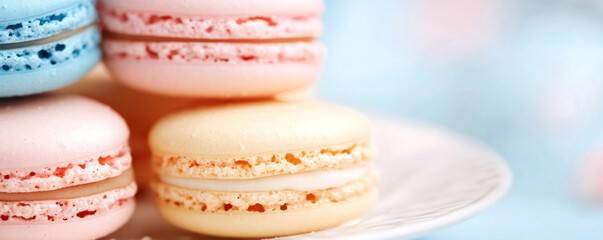 Obraz premium A plate of four different colored macarons. The macarons are arranged in a pyramid shape, with the pink one on the bottom and the yellow one on top. The blue macaron is in the middle
