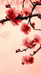 A painting of a cherry blossom tree with pink flowers. The painting has a serene and peaceful mood, with the pink flowers representing the beauty of nature