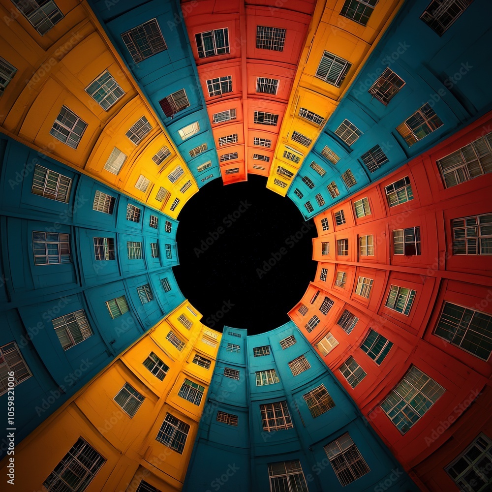 Aufkleber vibrant circular perspective of colorful urban architecture creating a unique visual experience