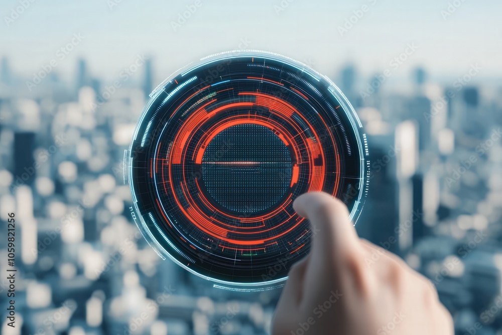 Poster exploring the intersection of technology and urban life through futuristic interfaces