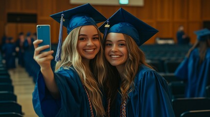 Two smiling female graduates in blue caps and gowns take a selfie with a smartphone.