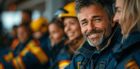 Smiling middle-aged male firefighter in blue and yellow uniform taking training course in office meeting room