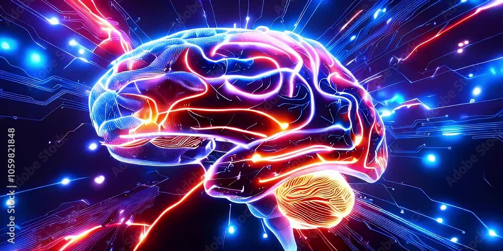 Poster abstract digital glowing brain with circuit lines.