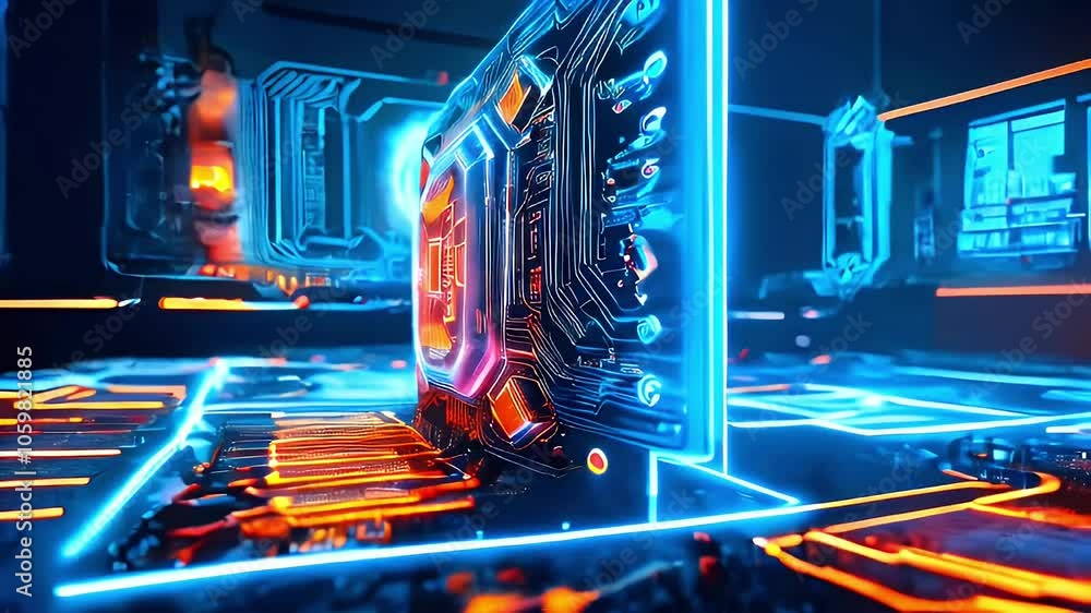 Poster a close-up shot of a circuit board with glowing blue and orange lines and a central processing unit.