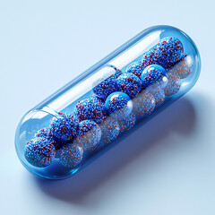 A clear, blue pill capsule filled with small, blue, shiny objects.

