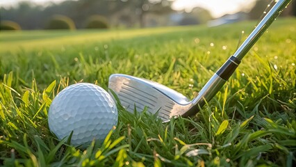 A Golf Ball and Iron Resting on a Lush Green Field, Illuminated by the Warm Glow of the Setting Sun