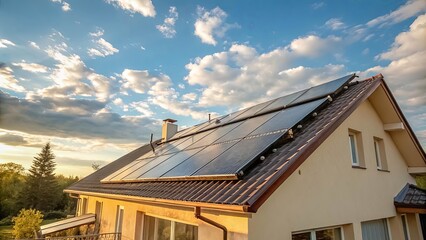 A residential dwelling with a tiled roof featuring solar panels, a chimney, and windows, set against a backdrop of a vivid blue sky adorned with fluffy white clouds.