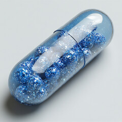 A clear, blue pill capsule filled with small, blue, shiny objects.

