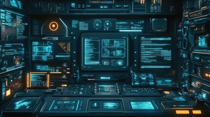 Fototapeta premium Futuristic Control Room with Digital Interfaces