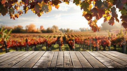 Autumn vineyard landscape with a brown wooden table for product display mockup, winery concept photography.