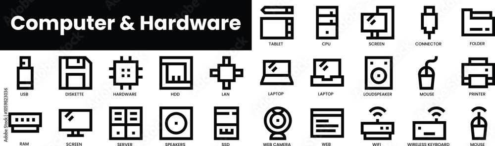 Poster set of outline computer and hardware icons. minimalist thin linear web icon set. vector illustration