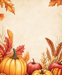 Fototapeta premium Thanksgiving background featuring pumpkins, autumn leaves, warm colors, perfect for seasonal celebrations.