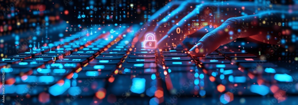 Aufkleber Cyber Security Network for Data Protection and Online Safety with Digital Padlock and Advanced Technology on Businessman's Laptop