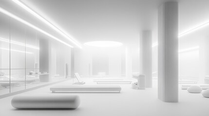 A bright and spacious white gym designed specifically for fitness enthusiasts, equipped with modern equipment and a pleasant atmosphere. Create a positive environment suitable for exercise.
