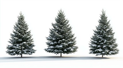 Fototapeta premium Three small trees covered in snow, standing in peaceful winter landscape, casting soft shadows on white ground.
