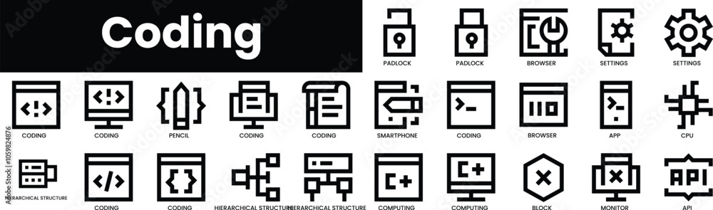 Poster set of outline coding icons. minimalist thin linear web icon set. vector illustration.
