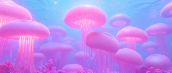 A bunch of pink jellyfish are floating in the ocean. The jellyfish are pink and have long tentacles. The scene is peaceful and serene, with the jellyfish floating gracefully in the water