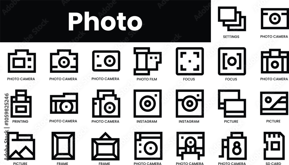 Poster set of outline photo icons. minimalist thin linear web icon set. vector illustration.