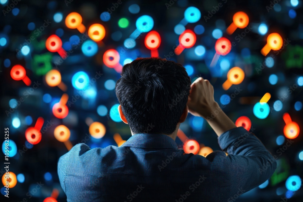 Poster exploring the vibrant interaction of technology and creativity against a colorful background