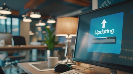 Close-up of computer screen showing software update progress bar with "Updating" in bold letters, modern office desk in background, emphasizing digital technology and productivity.