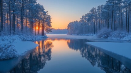 Fototapeta premium As the sun rises, its warm glow reflects off the icy waters of the river, surrounded by snow-draped trees, creating a peaceful winter atmosphere.
