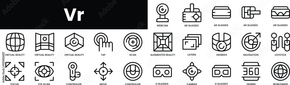 Poster set of outline vr icons. minimalist thin linear web icon set. vector illustration.