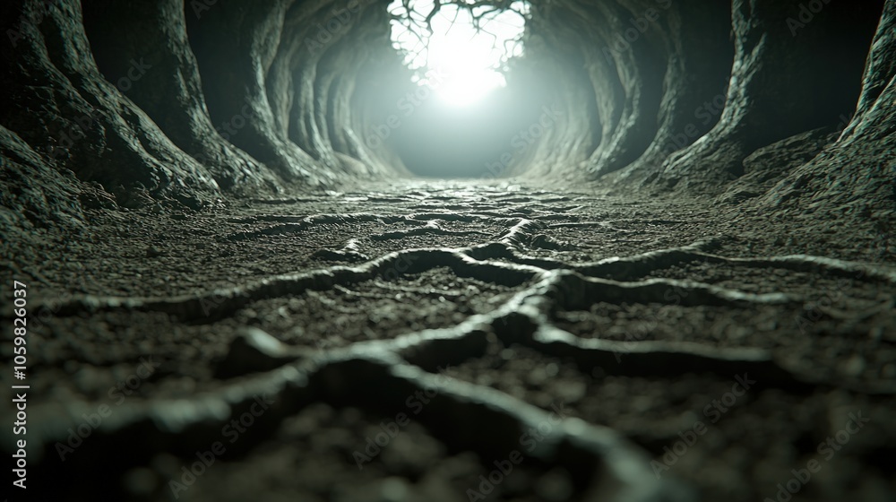 Poster mysterious pathway illuminated by ethereal light in a twisting forest tunnel