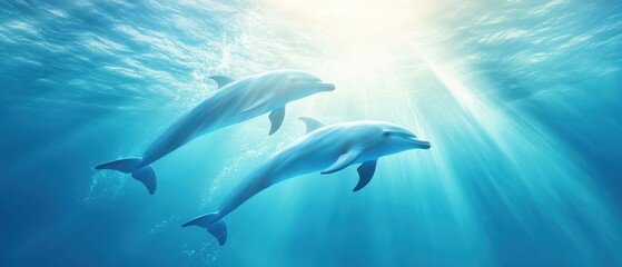 Fototapeta premium Two dolphins are swimming in the ocean, with the sun shining on them. The scene is calm and tranquil, with the dolphins gracefully gliding through the water. The sunlight creates a beautiful