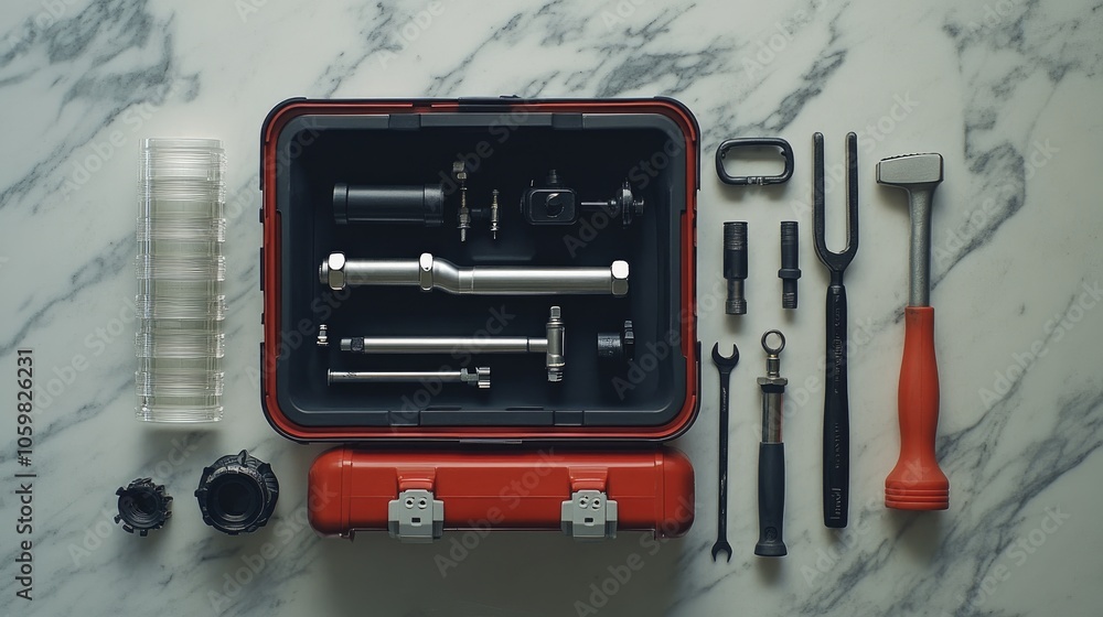 Poster tool kit with various instruments on marble surface