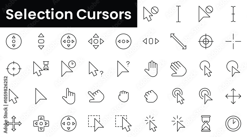 Poster set of outline selection cursors icons. minimalist thin linear web icon set. vector illustration.