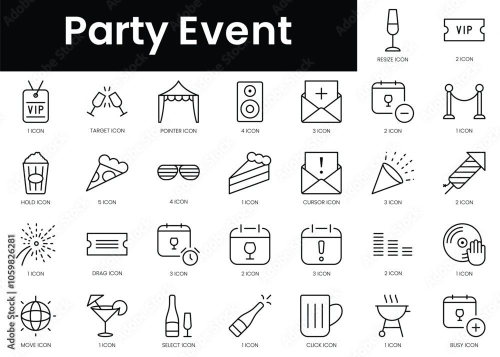 Poster set of outline party event icons. minimalist thin linear web icon set. vector illustration.
