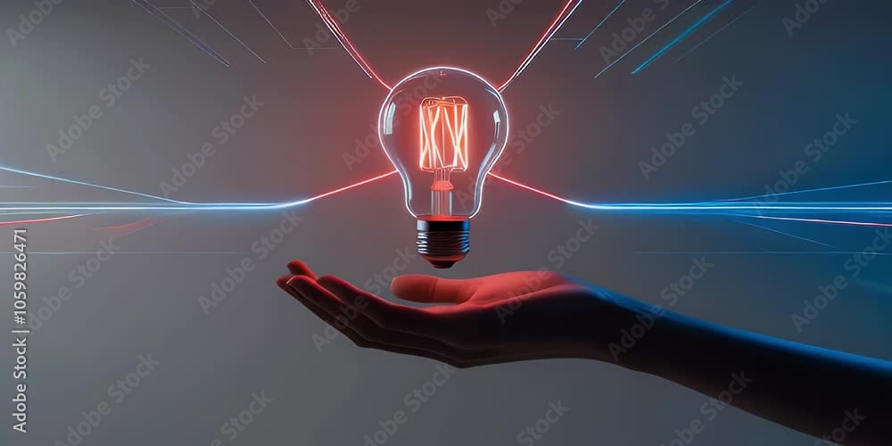Poster a glowing light bulb held in an open palm with abstract light lines radiating from it.