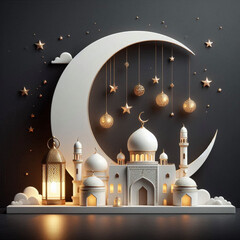 A peaceful and elegant Islamic themed decoration featuring a large white crescent moon with gold stars hanging around it, created by generative ai
