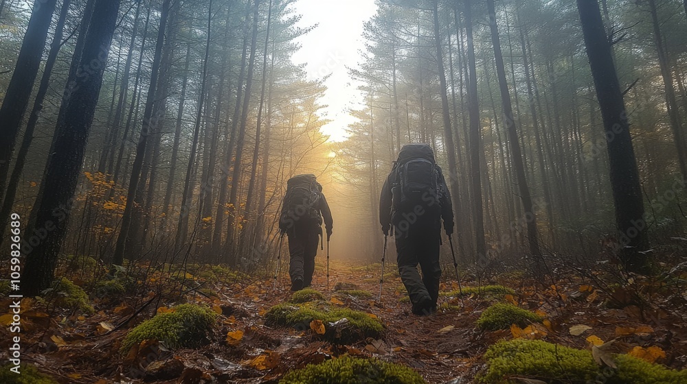 Poster the two hikers trek along a damp trail in a serene forest, enveloped in morning mist. sunlight filte