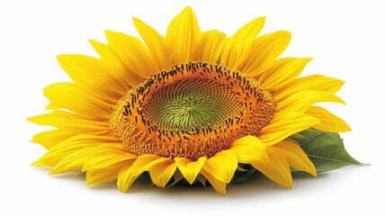 Obraz premium Bright Yellow Sunflower Bloom with Detailed Petals and Green Leaves on a White Background