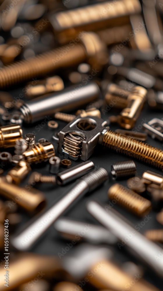 Poster intricate collection of precision metal fasteners and hardware components on display