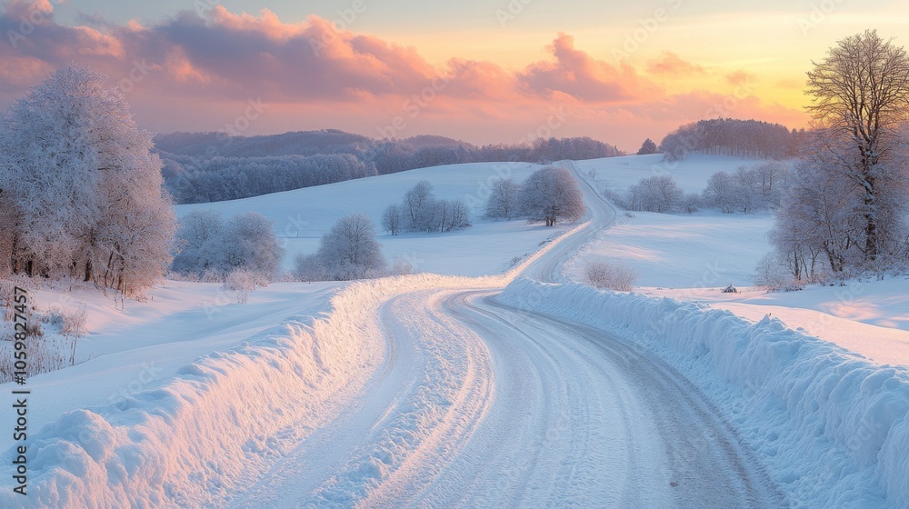 Poster a tranquil winter evening unfolds as a winding road meanders through a blanket of snow, surrounded b