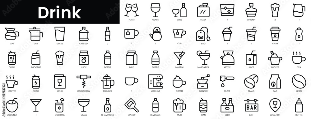 Poster set of outline drink icons. minimalist thin linear web icon set. vector illustration.