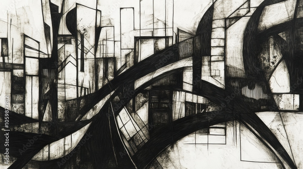 Poster This abstract representation captures a complex urban landscape filled with intersecting lines and forms in bold black ink. Generative AI