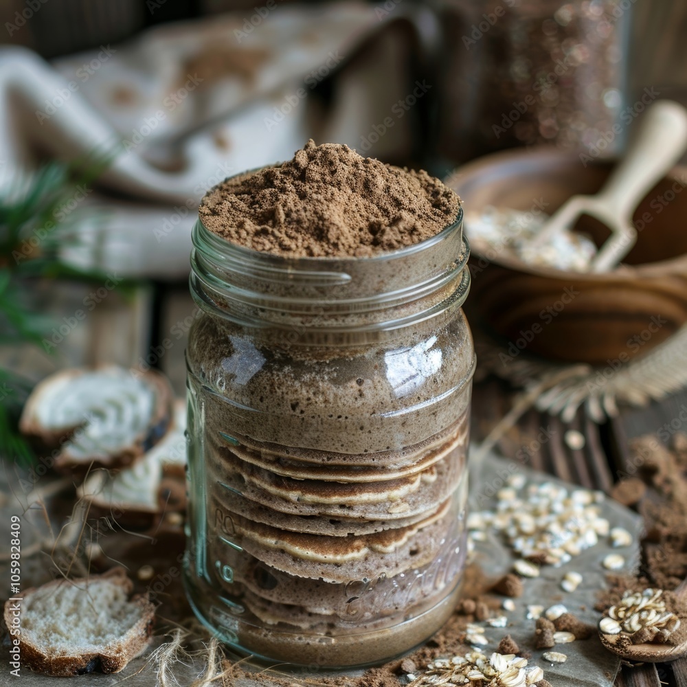 Poster a jar with buckwheat pancake mix showcasing the versatility of this grain in creating a hearty break