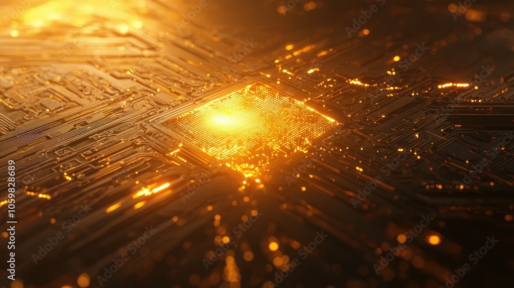 Poster exploring the intricate design of a golden circuit board illuminating technology's future