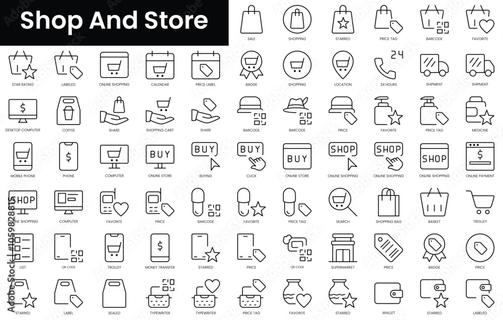 Poster set of outline shop and store icons. minimalist thin linear web icon set. vector illustration.