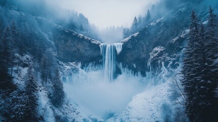 A stunning waterfall flows down a steep gorge surrounded by frozen trees and mist. The winter landscape features ice formations and tranquil beauty.