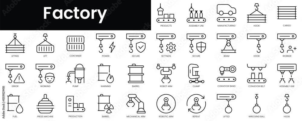Poster set of outline factory icons. minimalist thin linear web icon set. vector illustration.