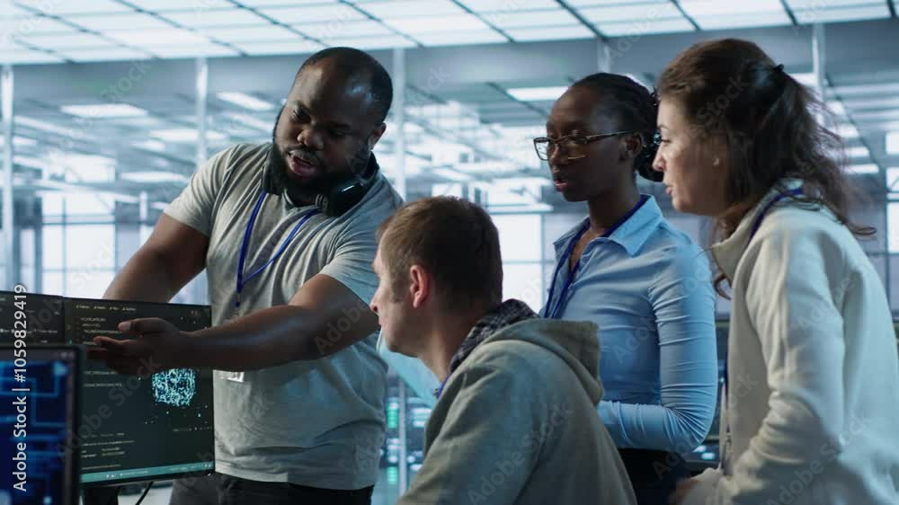 Poster technician doing brainstorming with colleagues to fix error in code affecting server room ai workloa