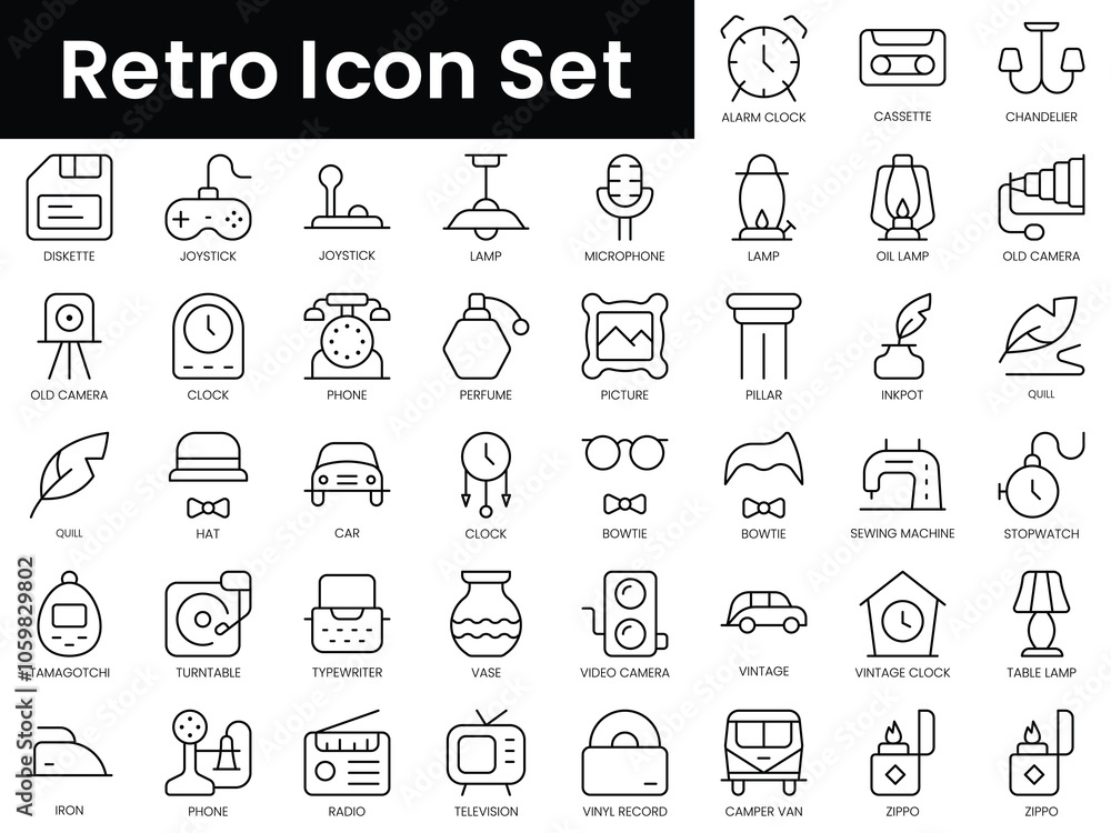 Poster set of outline retro icon icons. minimalist thin linear web icon set. vector illustration.